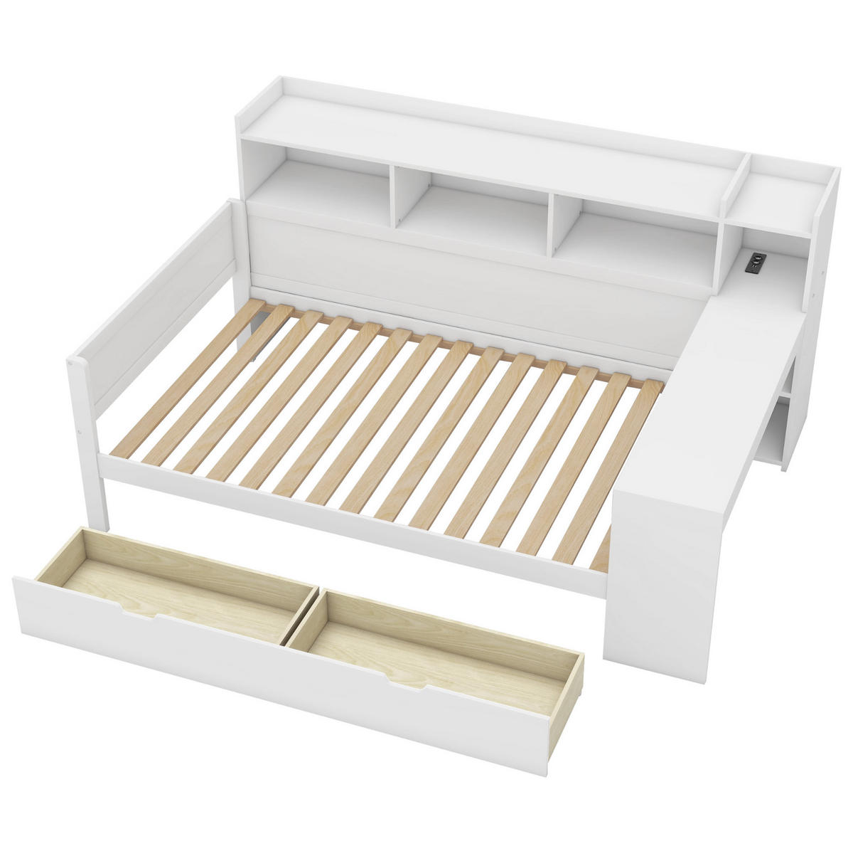 TAGESBETT 90/200 cm mit Schreibtisch, USB-Anschluss, Steckdose und 2 Schubladen, Weiß - Weiß, Holzwerkstoff (90/200cm) - Redom