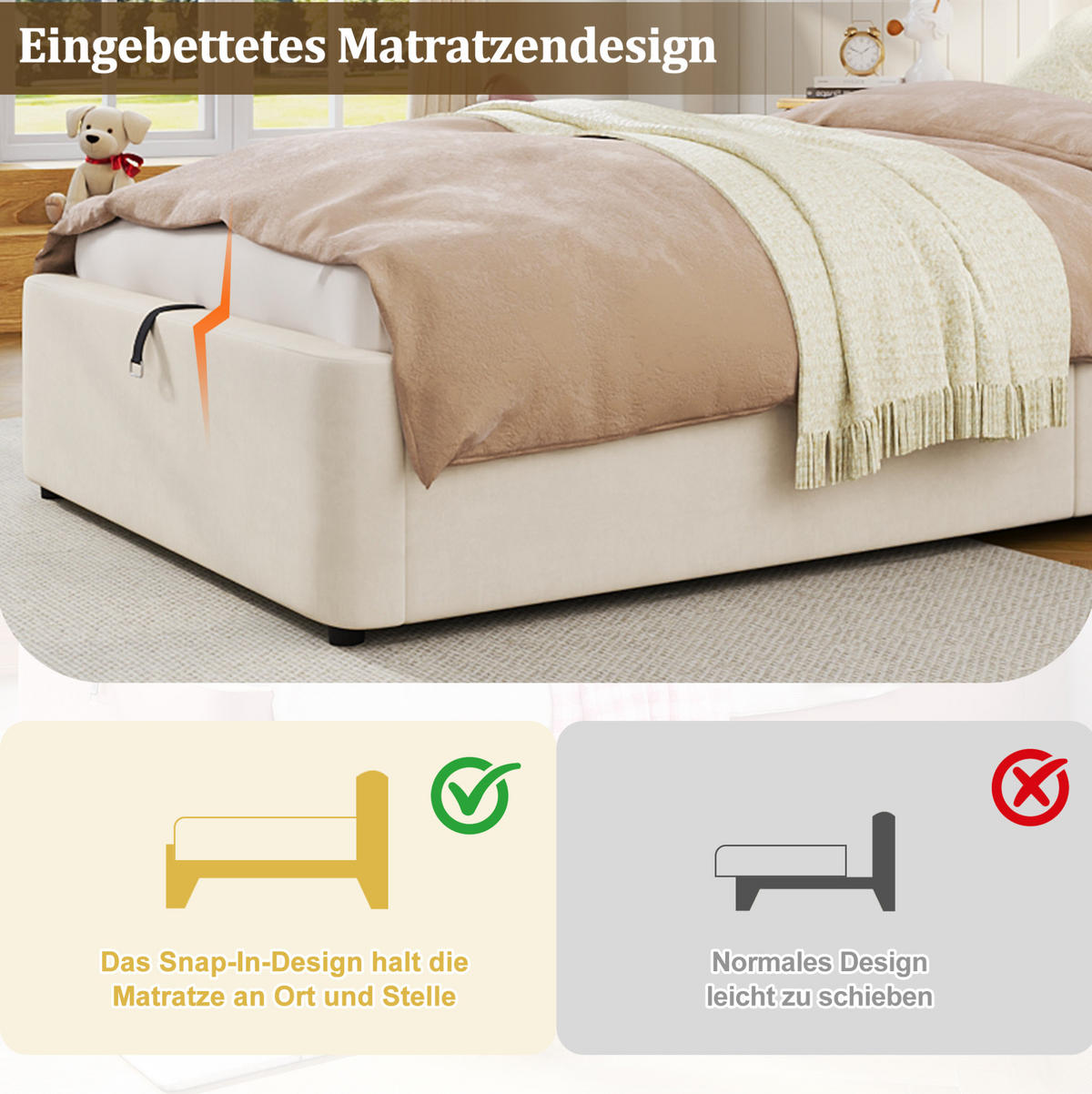 KINDERBETT 90/200 cm mit hydraulischem Bettkasten, Lattenrost und gepolstertem Kopfteil aus Samt, Beige - Beige, Textil (90/200cm) - Redom