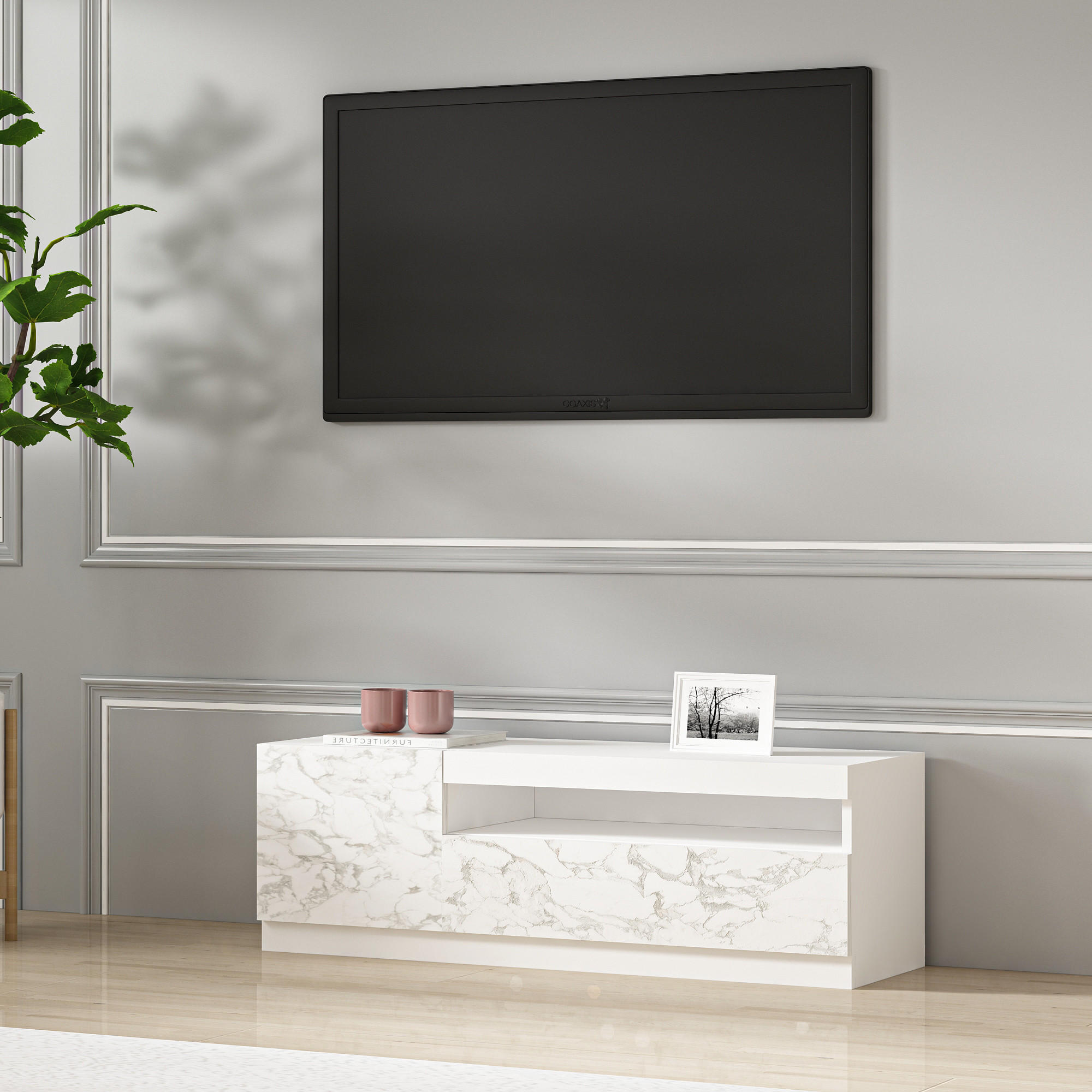 TV-LOWBOARD Weiß mit LED-Leuchten Links 2/2 teil Marmor Optik 9505 - Weiß, Holzwerkstoff (120/40/37cm) - moebel17