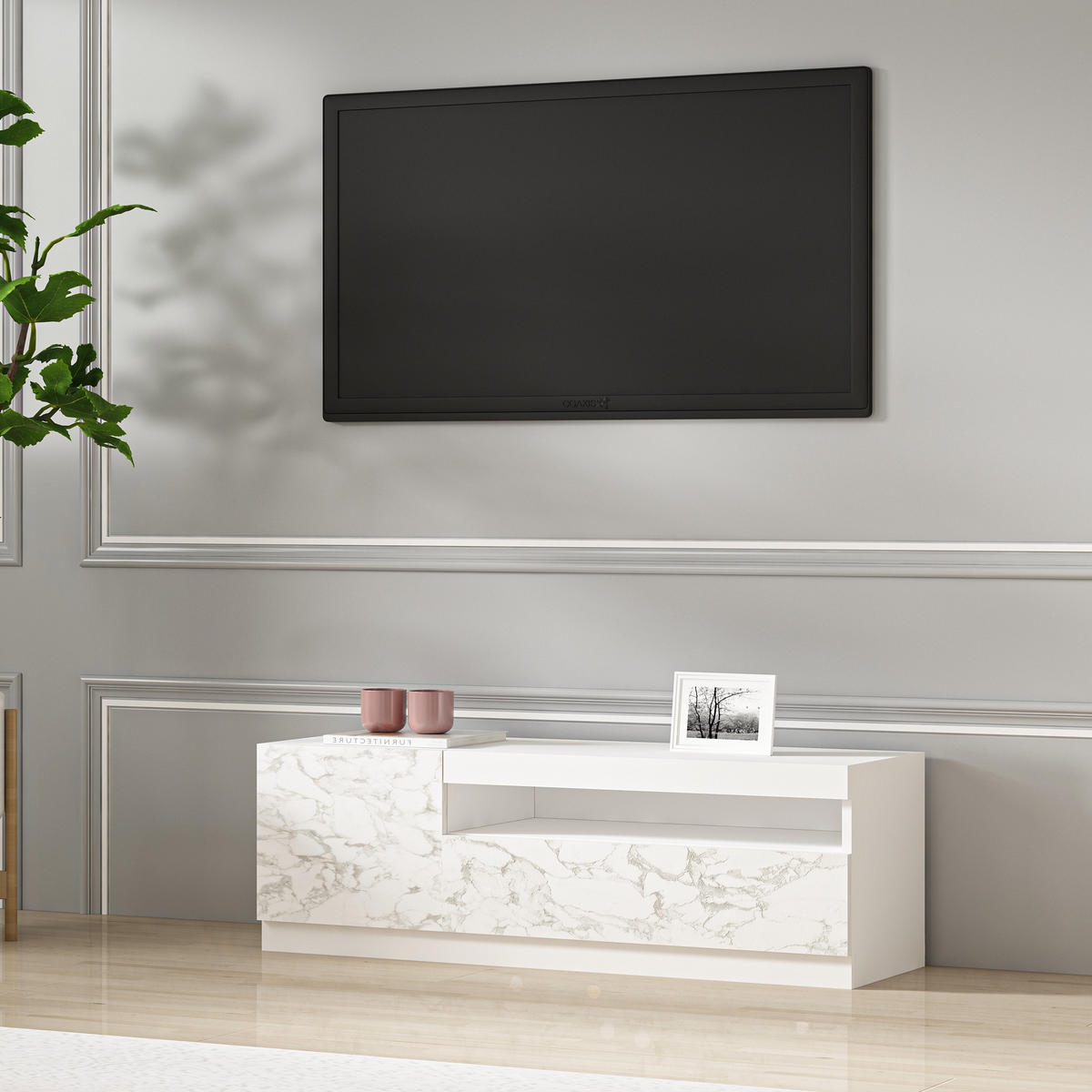 TV-LOWBOARD Weiß mit LED-Leuchten Links 2/2 teil Marmor Optik 9505 - Weiß, Holzwerkstoff (120/40/37cm) - moebel17