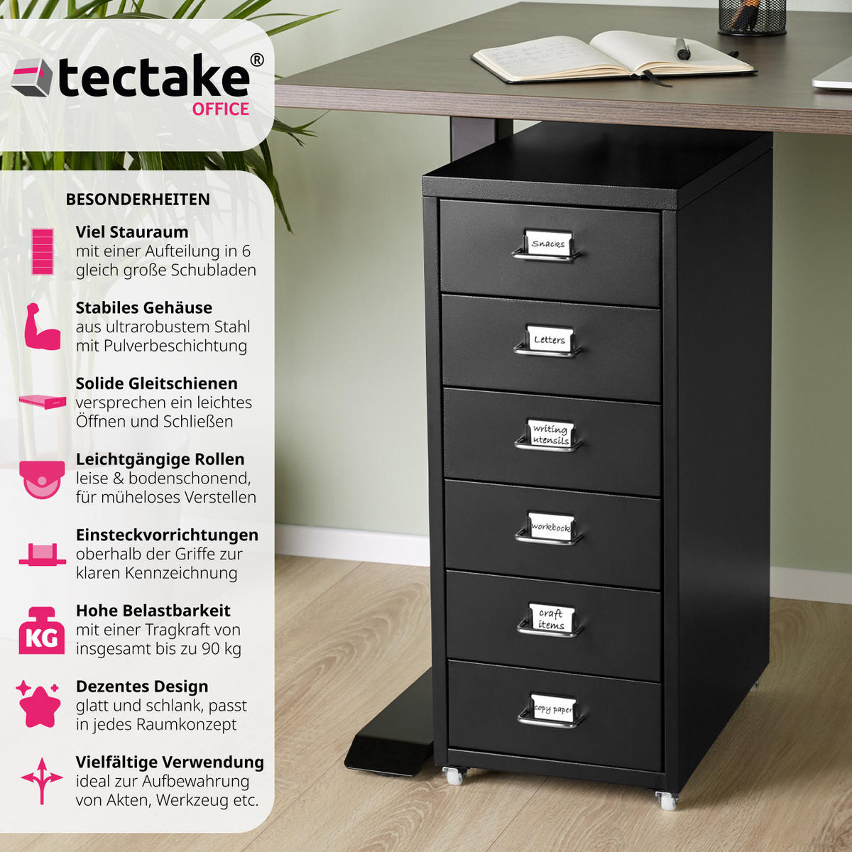 ROLLCONTAINER ,einfache Montage, 41 x 28 x 69 cm,schwarz - Schwarz, Metall (28/69/41cm) - tectake