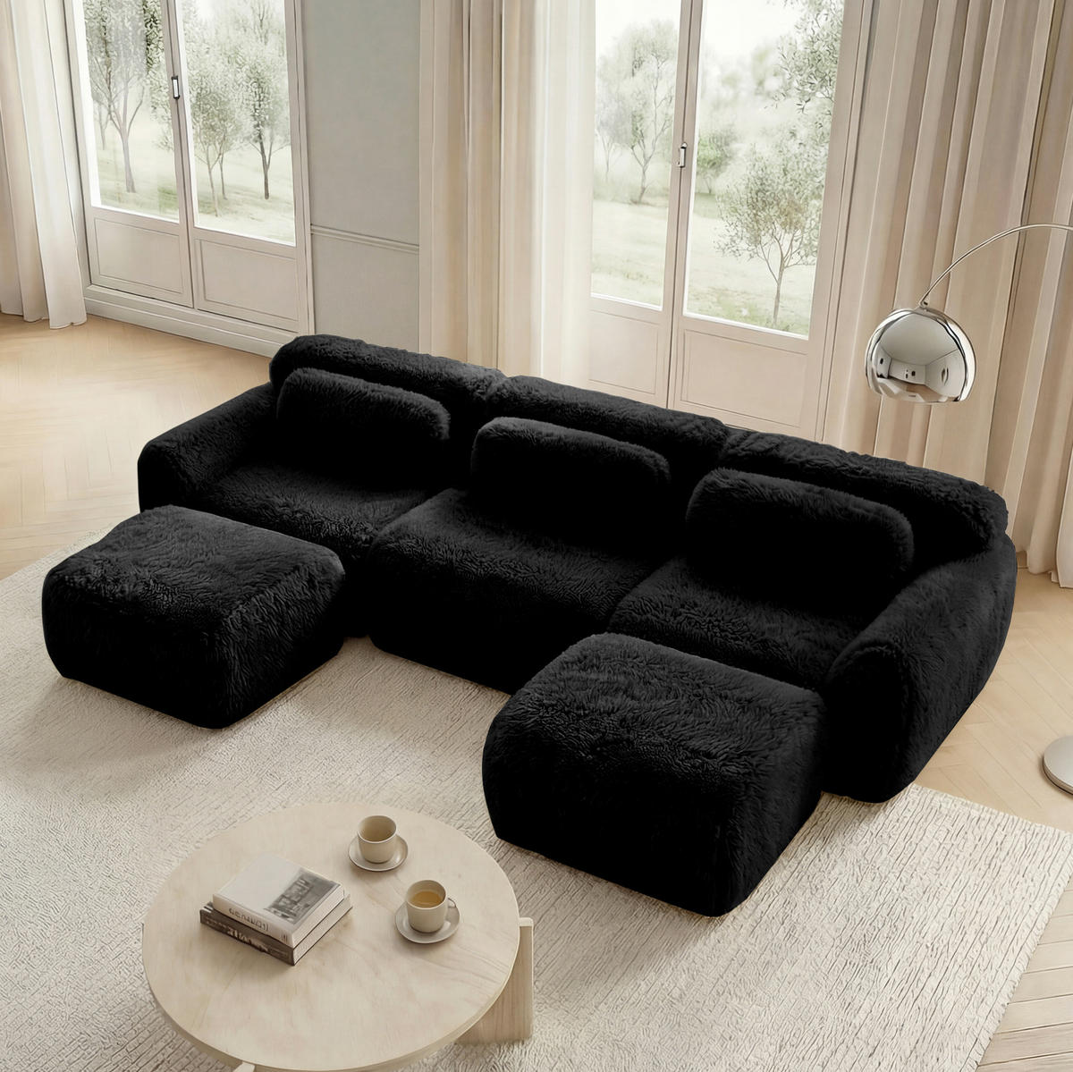 ECKSOFA 291/179/73 cm schwarz aus Plüsch mit U-Form, rutschfester Basis und Kissen - Schwarz, Textil (179/291cm) - OKWISH
