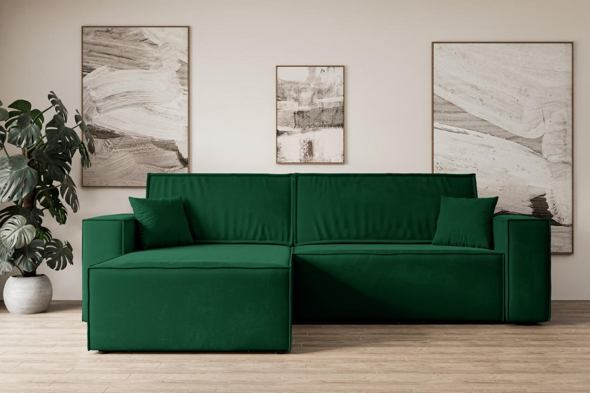 ECKSOFA mit Schlaffunktion und Bettkasten CELTIC-XL - 277x143x83 cm Grün Velours - Schwarz/Grün, Holzwerkstoff/Kunststoff (277/143cm) - ALTDECOR