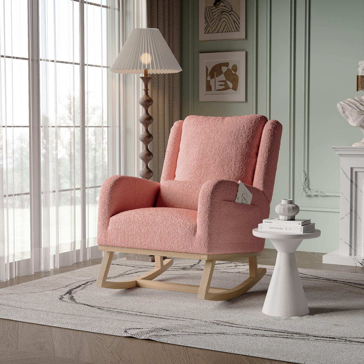 SCHAUKELSTUHL Plüsch Lendenstütze Taschen Holzfüße rosa - Rosa, Holz (52/96/93cm) - LEBENLANG