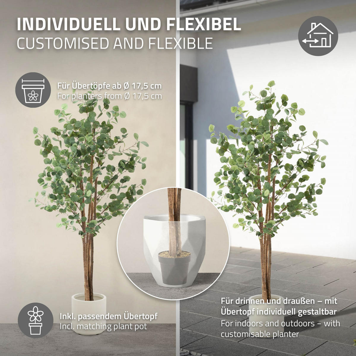 KUNSTPFLANZE Eukalyptus - Anthrazit/Grün, Holz/Kunststoff (180cm) - ML-DESIGN