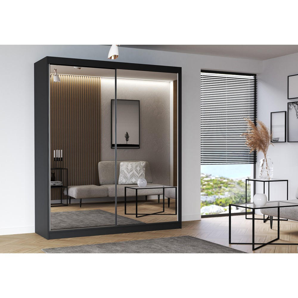 SCHWEBETÜRENSCHRANK Multi 20 Schwarz/Weiß mit Spiegel, mit LED-Beleuchtung 203 cm - Alufarben/Schwarz, Glas/Holzwerkstoff (203/218/61cm) - imoebel24
