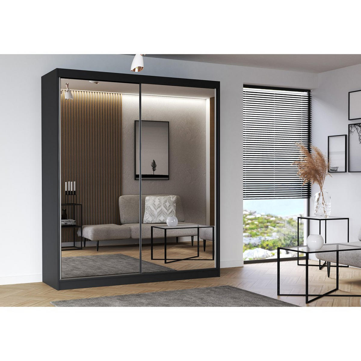 SCHWEBETÜRENSCHRANK Multi 20 Schwarz/Weiß mit Spiegel, mit LED-Beleuchtung 203 cm - Alufarben/Schwarz, Glas/Holzwerkstoff (203/218/61cm) - imoebel24