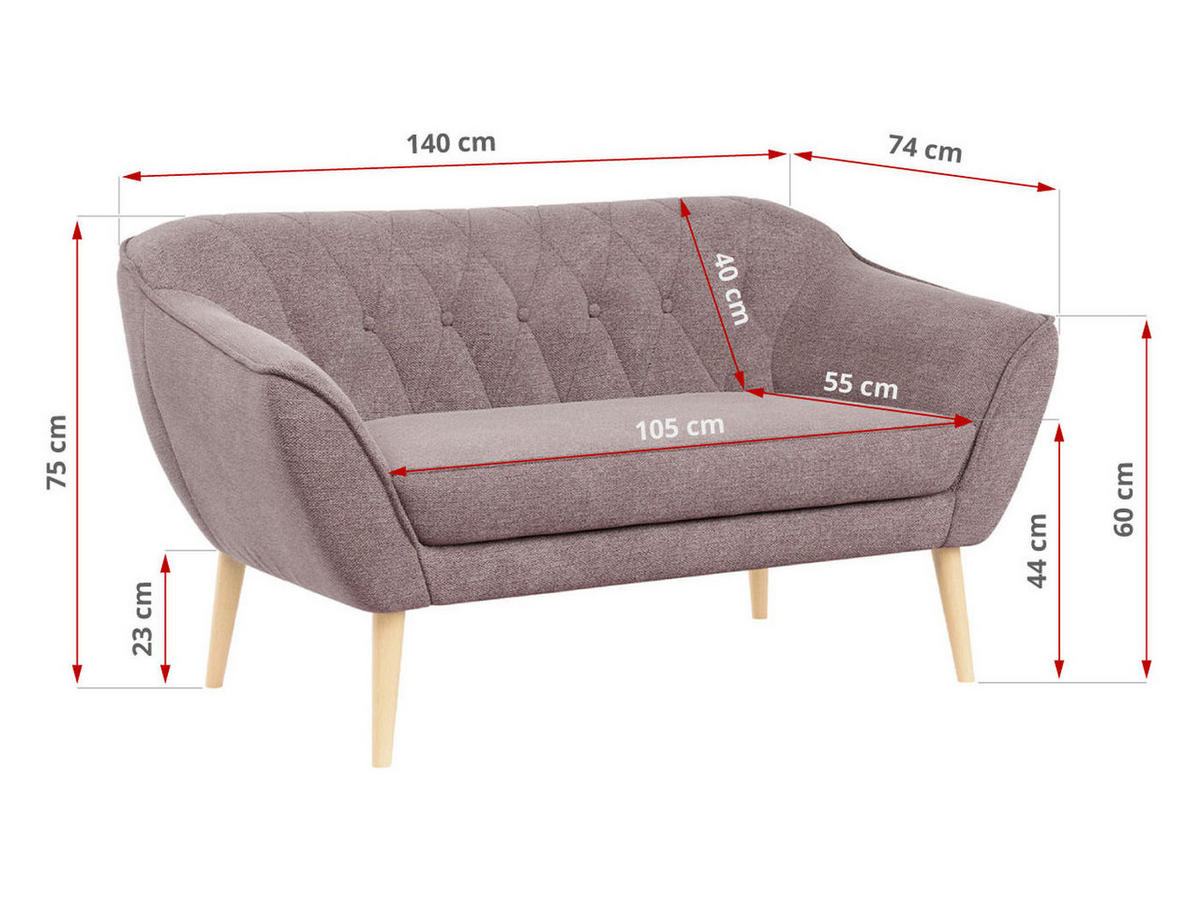SOFA Pirs 2 Sitzer Strukture Rosa - Rosa/Braun, Holz/Textil (140/75/74cm) - MKS