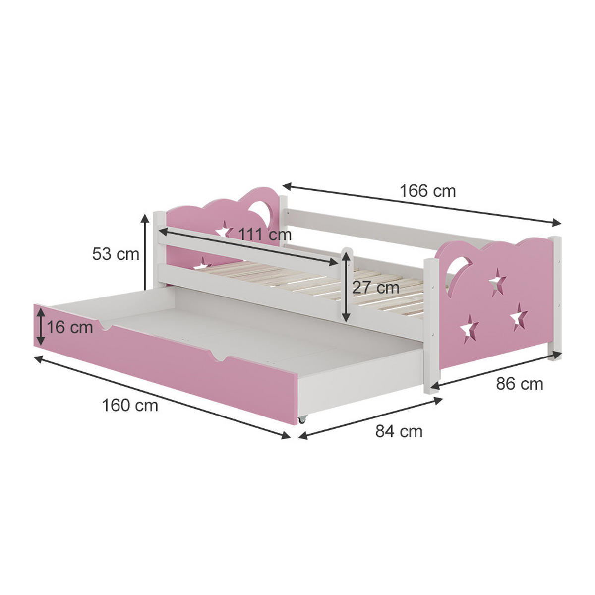KINDERBETT Jessica Rosa 80x160 cm mit Schublade, ohne Matratze - Pink/Weiß, Holzwerkstoff (166/53/86cm) - VitaliSpa