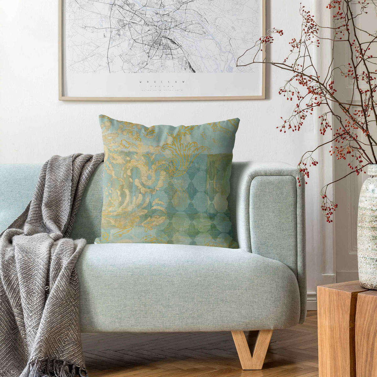 KISSENBEZUG Marokkanische Collage in Gold und Türkis 50/50 cm - Goldfarben, Textil (50/50cm) - Bilderwelten