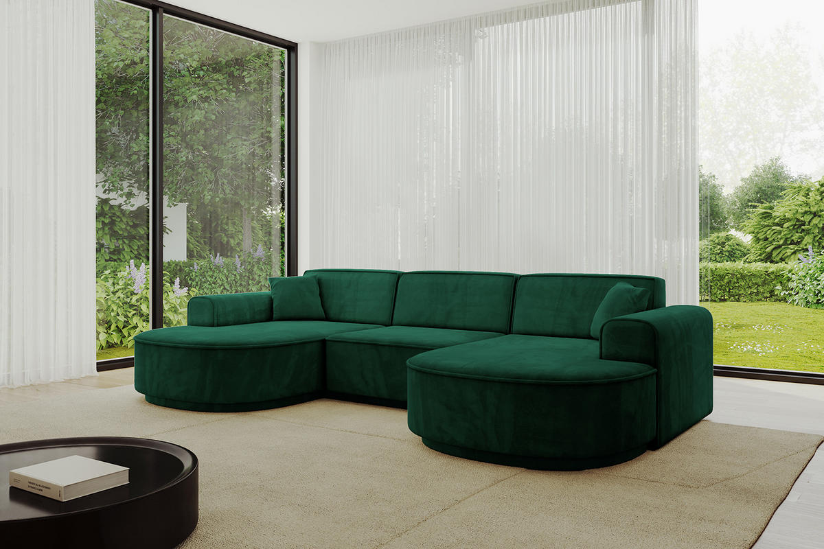 WOHNLANDSCHAFT MARI-U1-v3 - 303x171x83 cm Grün Velours - Schwarz/Grün, Holzwerkstoff/Kunststoff (303/83/171cm) - ALTDECOR