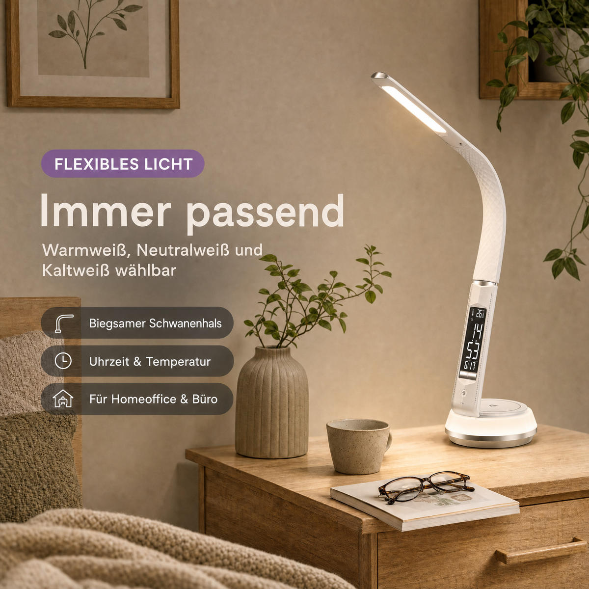 LED-SCHREIBTISCHLAMPE - mit drahtloser QI-Ladestation, Touch-Dimmer und integrierter Uhr für modernes Arbeiten - Weiß, Kunststoff (13.7/13.7/54.5cm) - Northpoint