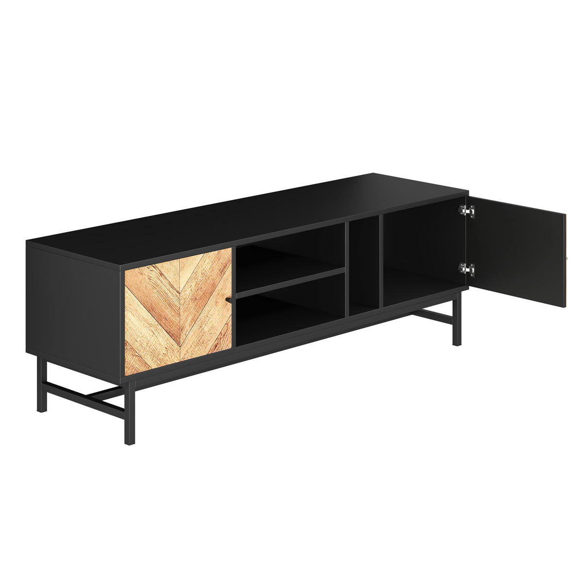 LOWBOARD in Schwarz und Naturfarben TV-Schrank mit vielseitigem Stauraum für Wohnzimmer, B150/T38/H55 cm - Schwarz/Naturfarben, Holzwerkstoff/Metall (150/55/38cm) - STILVORA