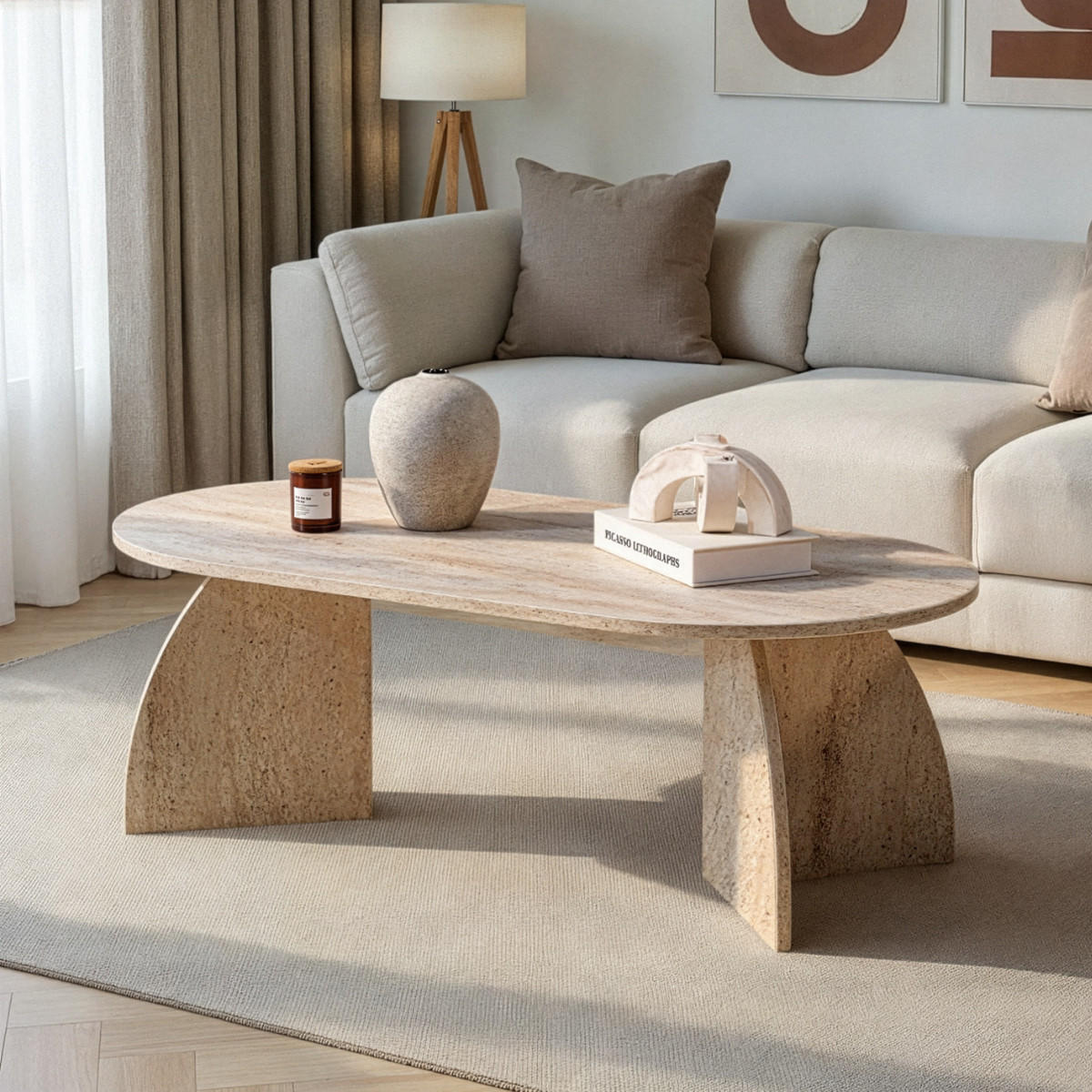 COUCHTISCH mit ovaler Tischplatte und geschwungenen Beinen 120/60/40 cm - Beige, Holzwerkstoff (6.8/60/40cm) - Calicosy