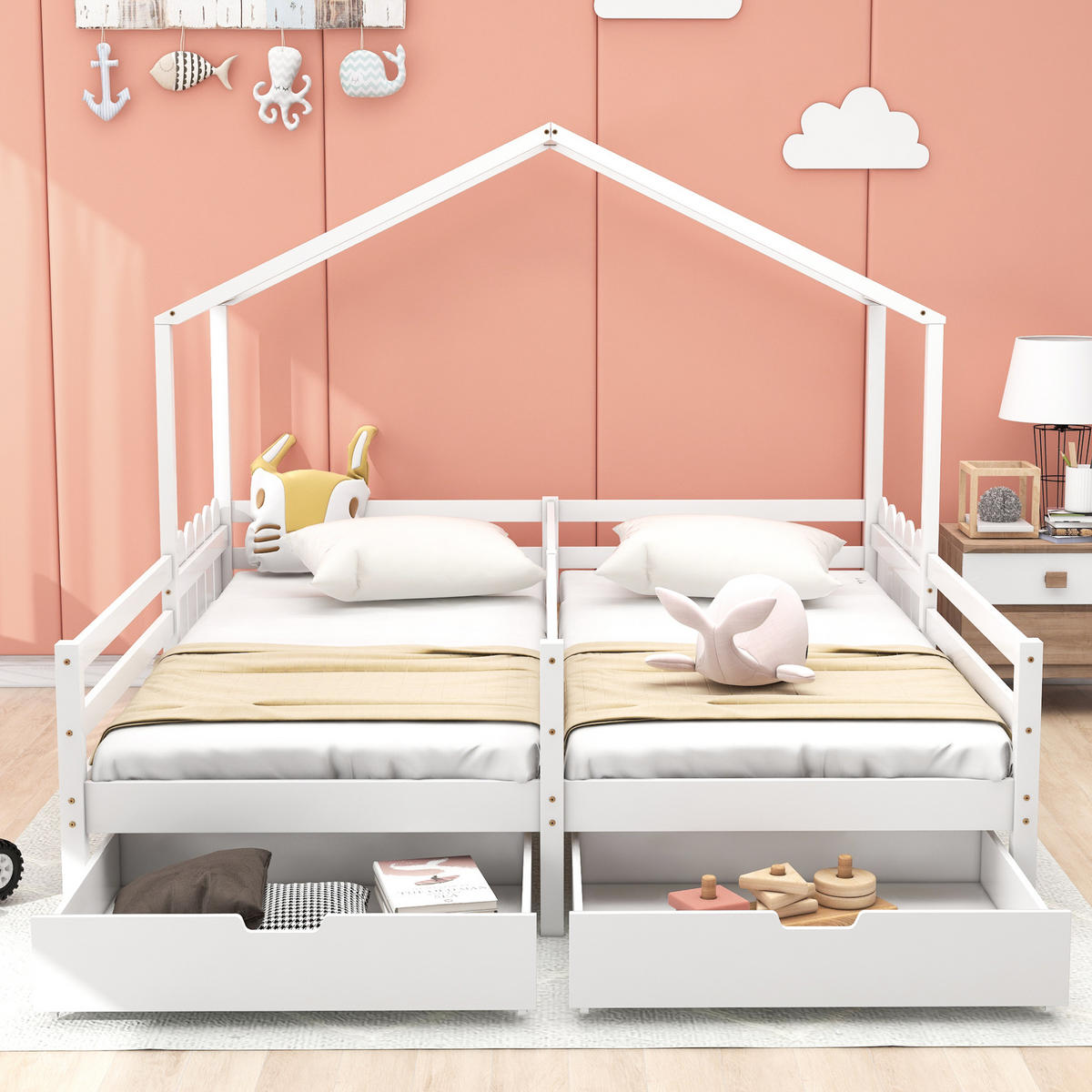 HAUSBETT aus Kiefer und MDF 200x90 cm Weiß mit 2 Schubladen, Schutzgitter und geteiltem Hausbett-Design - Weiß, Holzwerkstoff (90/200cm) - Modfu