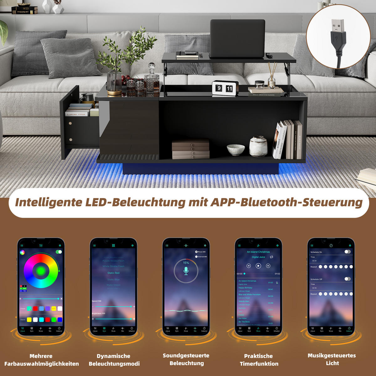 COUCHTISCH 100/50/40 cm höhenverstellbar mit verstecktem Stauraum und LED-Licht - Schwarz, Holzwerkstoff (100/50/40cm) - OKWISH