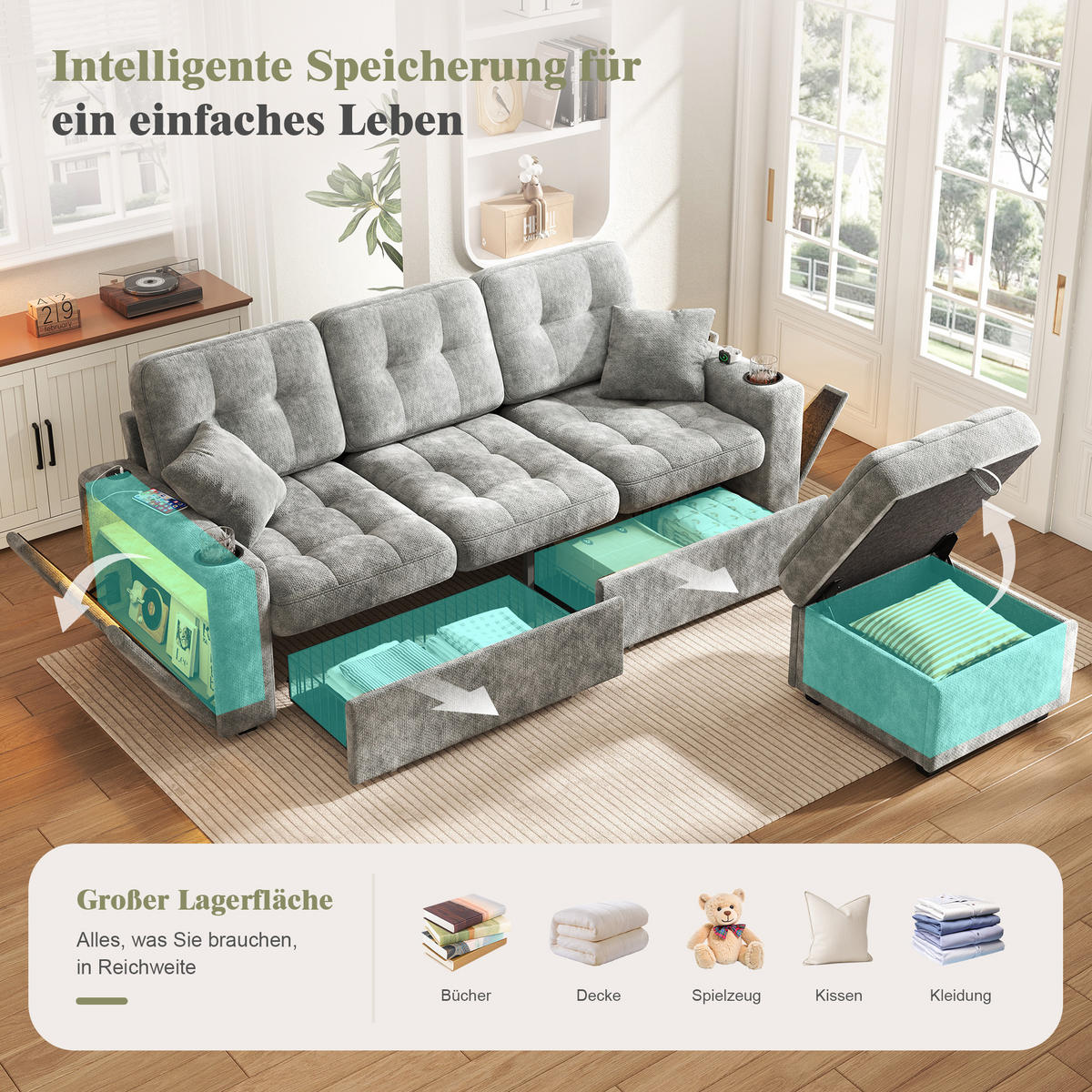 BIGSOFA aus Chenille mit USB-C, LED, Getränkehaltern und Stauraum - Dunkelgrau, Textil (194.5/83/133cm) - EVRYAE