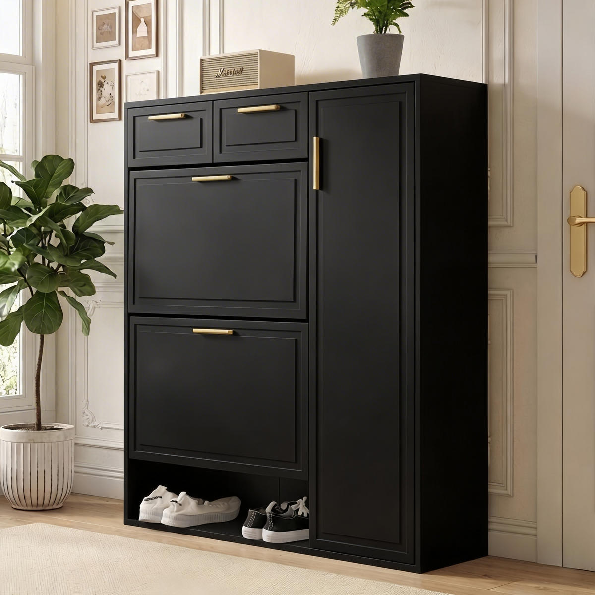 SCHUHSCHRANK MDF Spanplatte verstellbare Regalböden Schubladen kompakt klassisch - Schwarz, Holzwerkstoff (95/107/24cm) - EVRYAE
