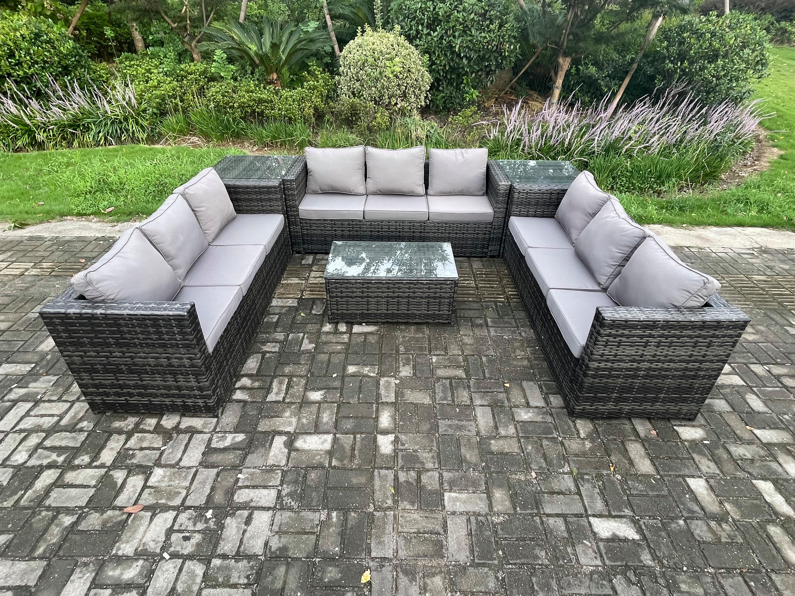 GARTENSET mit Beistelltisch Polyrattan 9-Sitzer - Dunkelgrau, Metall - Fimous
