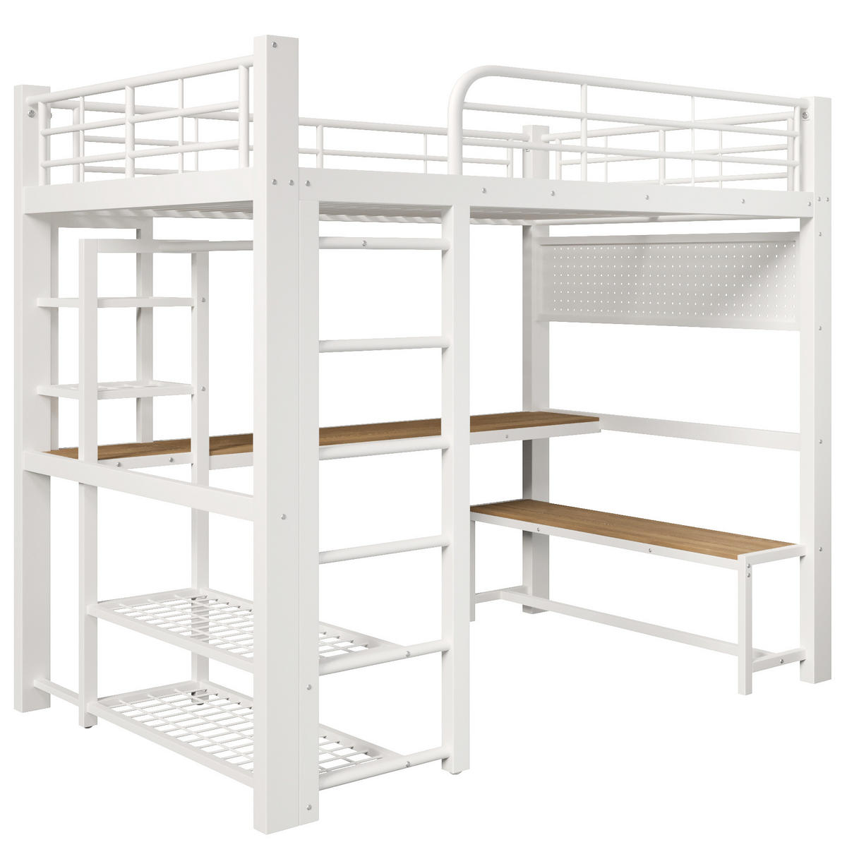 HOCHBETT 140/200 cm in Weiß, aus Metall, mit LED, Schreibtisch, Stauraum - Weiß, Holzwerkstoff/Metall (140/200cm) - WISHDOR