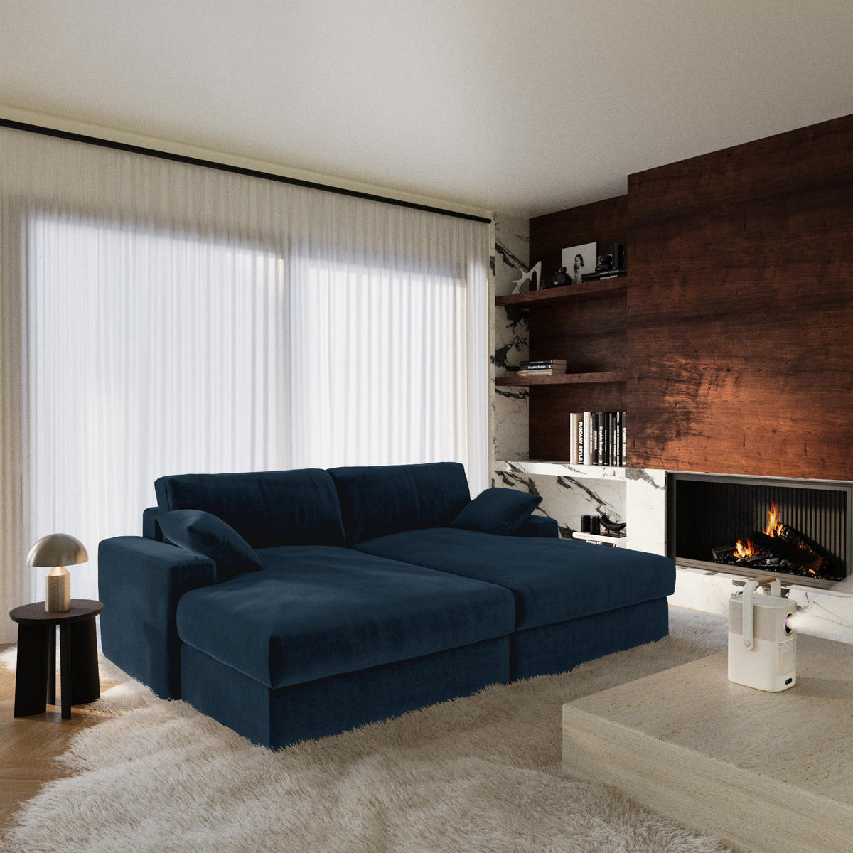 SOFA PLUM Samt Mitternachtsblau 260cm - Blau/Dunkelblau, Textil (260/83/155cm) - Premium Interiors