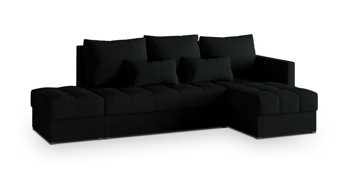 ECKSOFA LUMARI R-S Schwarz Plüsch-Stoff mit Schlaffunktion - Schwarz, Holz (262/143cm) - MASSENO