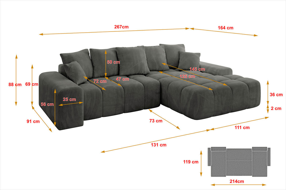 ECKSOFA Ottomane Rechts ENSI-L - 267x164x88 cm Anthrazit - Anthrazit, Holzwerkstoff/Kunststoff (164/267cm) - ALTDECOR