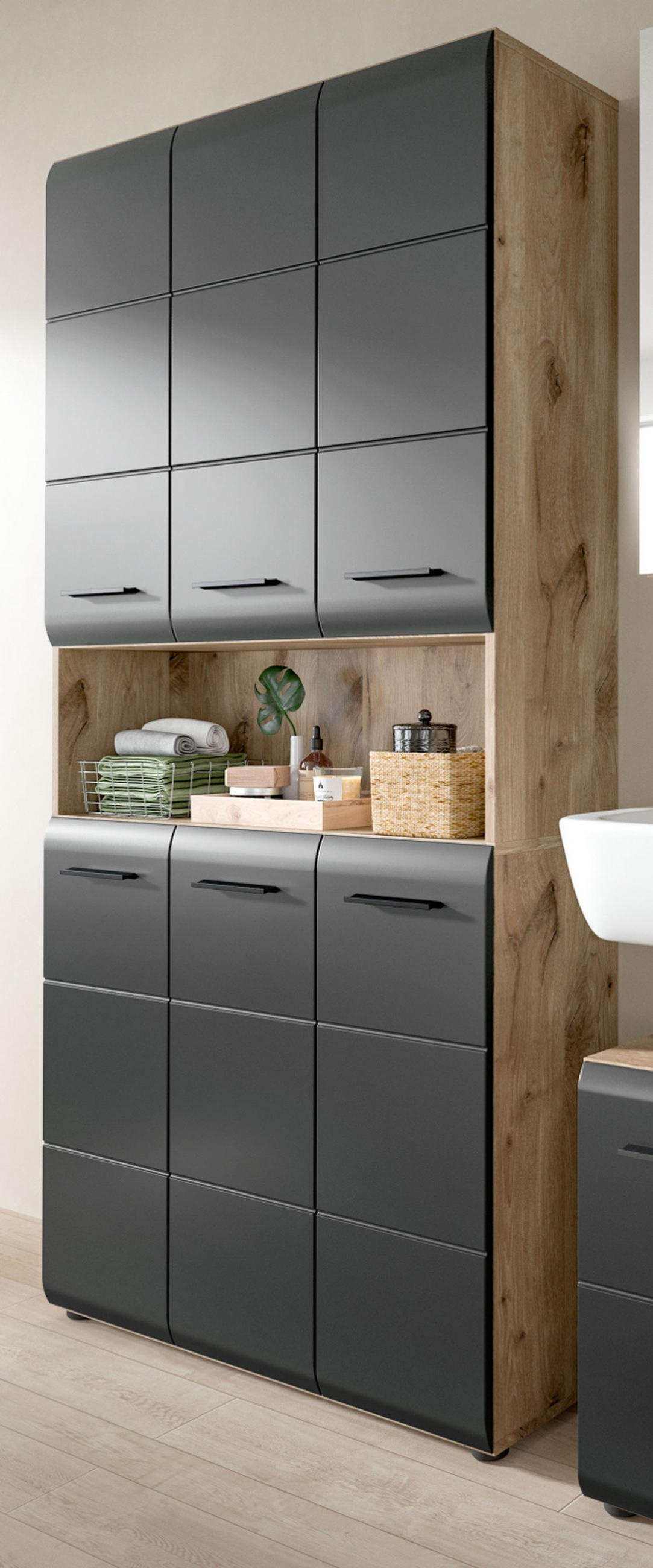 HOCHSCHRANK schwarz matt, Eiche, Badschrank Mehrzweckschrank 6-türig 90 x 185 cm - Eichefarben/Schwarz, Holzwerkstoff/Kunststoff (90/185/30cm) - Inn.Furn