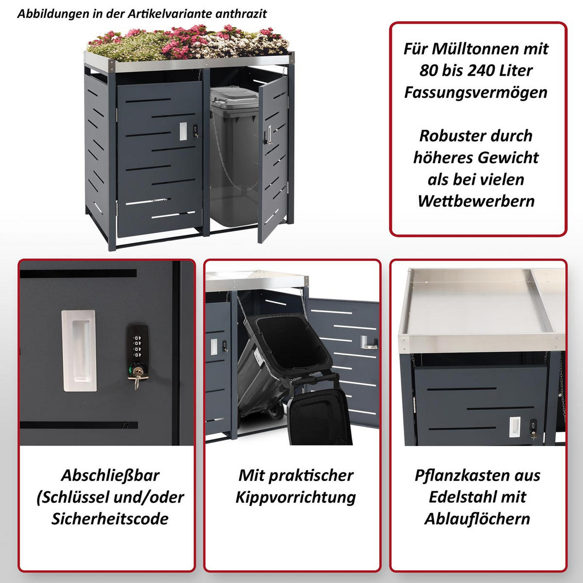 2ER-MÜLLTONNENVERKLEIDUNG H40B rechteckig Anthrazit - Anthrazit, Metall (115/110/62cm) - MCW
