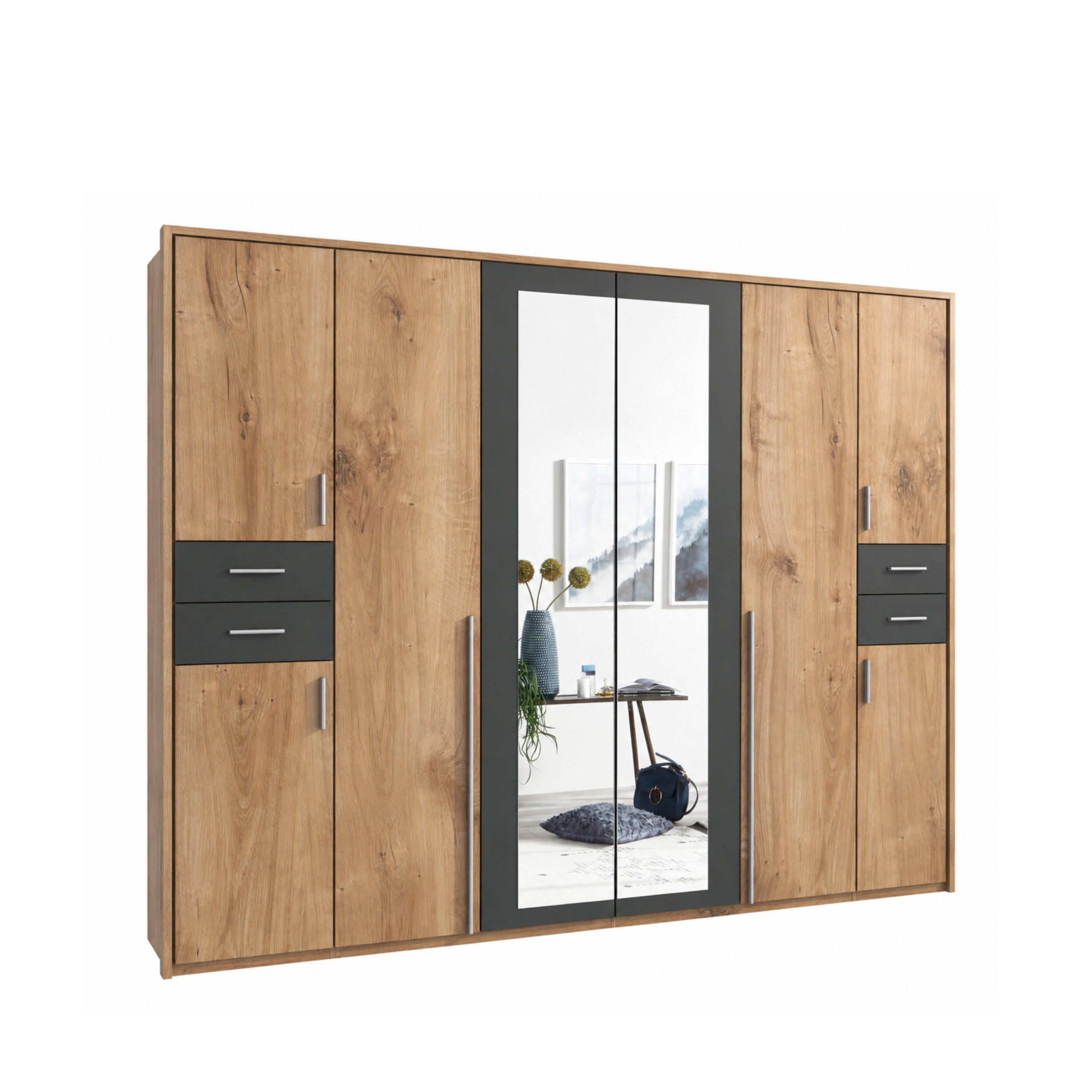 luma-home SKŘÍŇ S OTOČNÝMI DVEŘMI Š273/V210/H58 cm, dekor dubu s grafitovými akcenty, s paspartou, 2 zrcadlovými dveřmi a zásuvkami / 22576