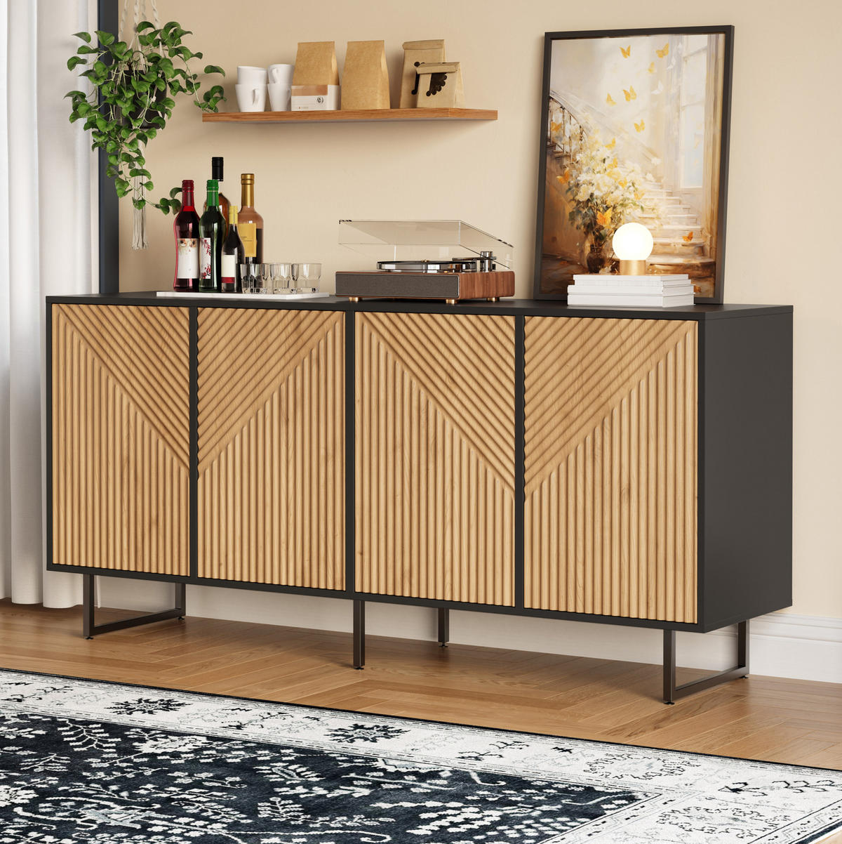SIDEBOARD aus Spanplatte 160x40x75 cm Naturholz/Schwarz mit 4 Türen und Stauraum - Naturfarben, Holzwerkstoff (160/75/40cm) - IVMEU
