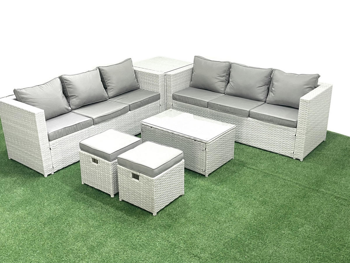 GARTENGARNITUR mit 3-SITZER SOFA,COUCHTISCH Polyrattan Hellgrau-Mix 8-Sitzer - Hellgrau/Grau, Glas/Kunststoff - Fimous