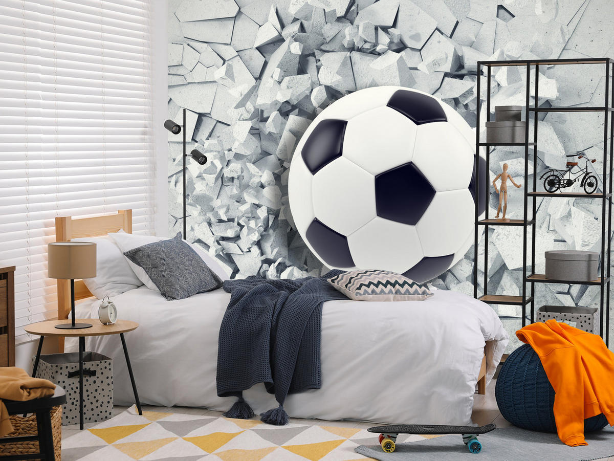 FOTOTAPETE für Kinderzimmer Fußball Riss Graue Wand Dynamik Sport 400x280 - Schwarz/Weiß, Papier (400/280cm) - Muralo