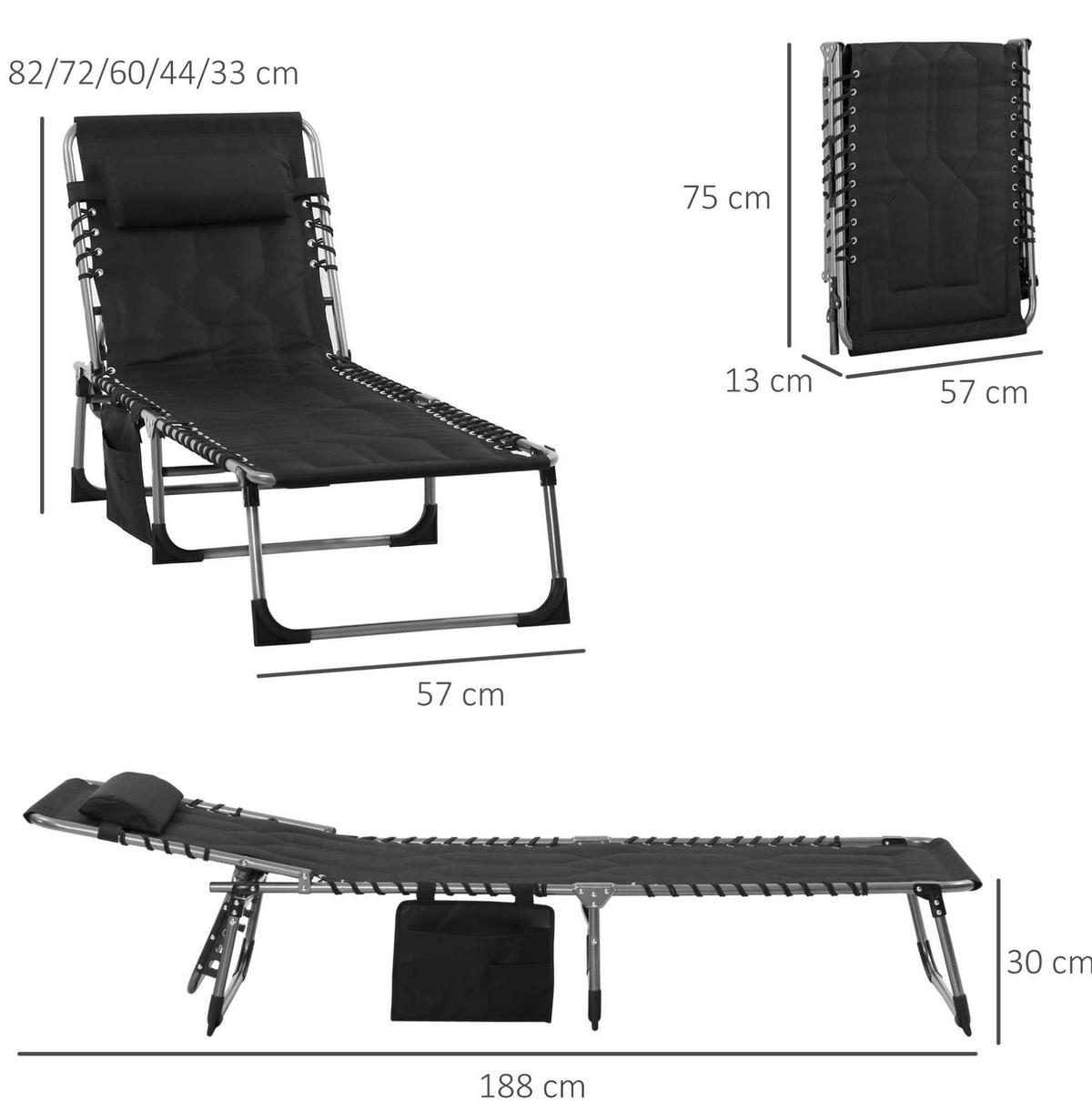 SONNENLIEGE aus Stahl 188x57x30 cm in Schwarz mit 5-fach verstellbarer Rückenlehne - Schwarz, Metall (57/30/188cm) - Modfu