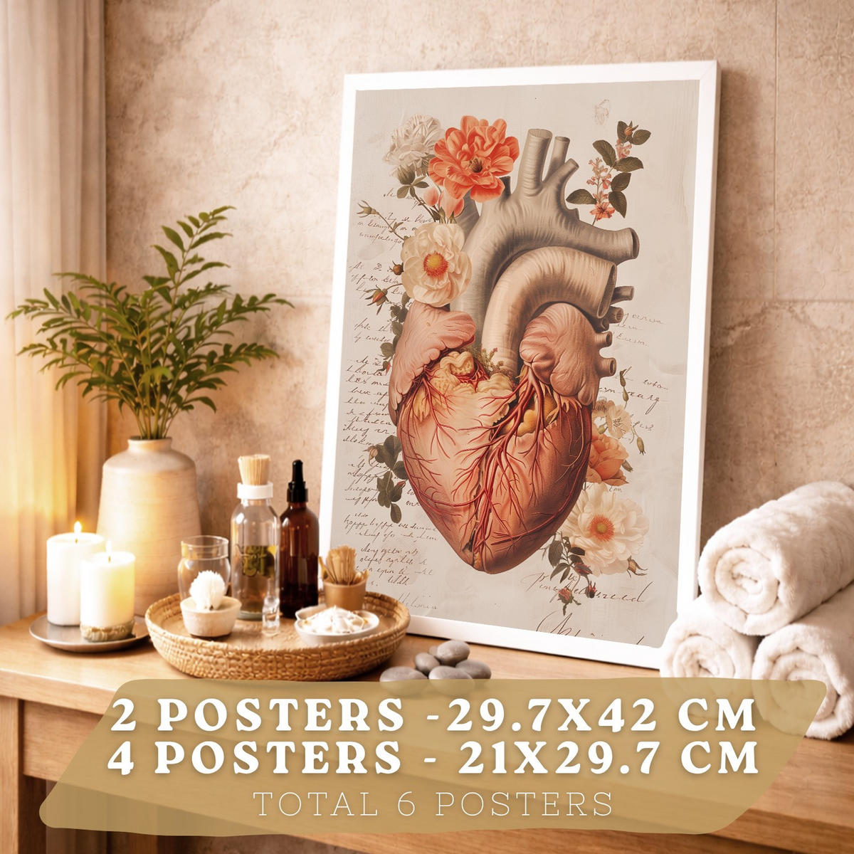 POSTER Set aus 6 Botanische Anatomie Drucke mit Herz Lungen Wirbelsäule Becken und Rippen Beige Terrakotta Erdtöne Florales Design Rahmenlos A3 & A4 - Klar, Papier (29.7/42/3cm) - Nacnic
