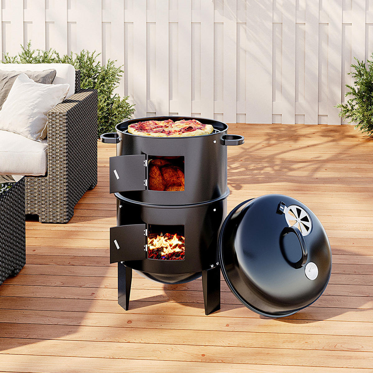 SMOKER Räuchergrill aus Stahlblech Schwarz mit 2 Prüftüren abnehmbar 40×40×80 cm - Schwarz, Metall (80/40cm) - Livingandhome