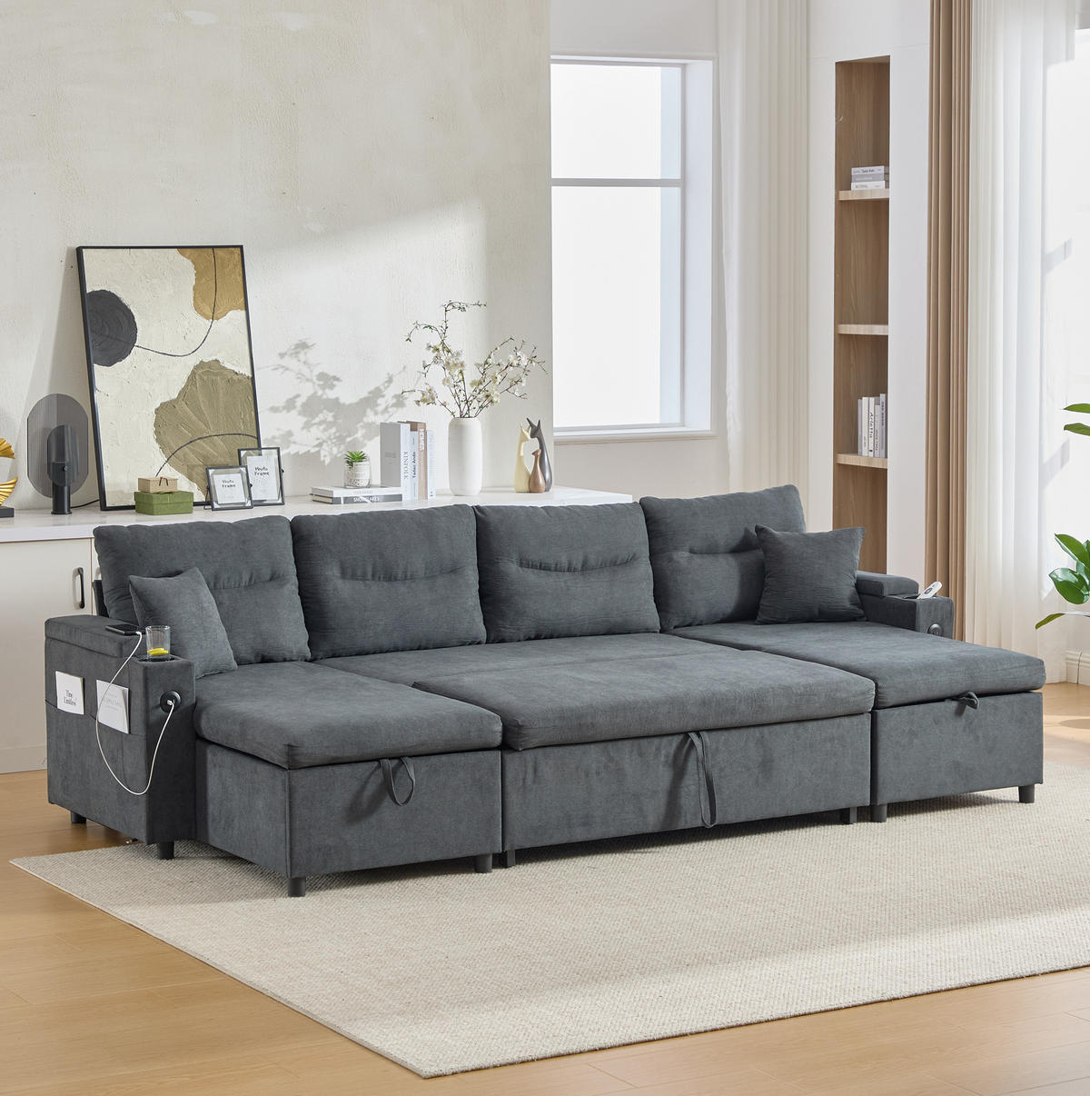 WOHNLANDSCHAFT 272/136/86 cm in Dunkelgrau mit Stauraum, Getränkehaltern und USB- und Type-C-Anschluss - Dunkelgrau, Textil (136/86/272cm) - Flora Grace