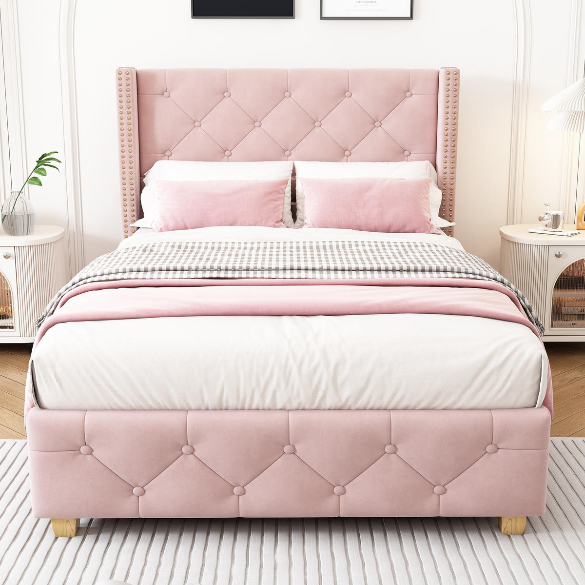 ČALOUNĚNÁ postel 90/200 cm růžová ze sametu s roštem a tuftovaným čelem - růžová, textil (90/200cm) - OKWISH
