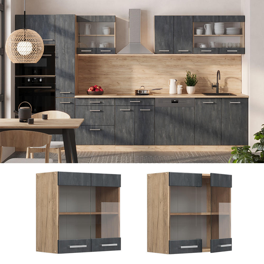 KÜCHENGLASSCHRANK R-Line Schwarz Beton 60 cm - Eiche Wotan/Schwarz, Holzwerkstoff (60/60/31cm) - Vicco