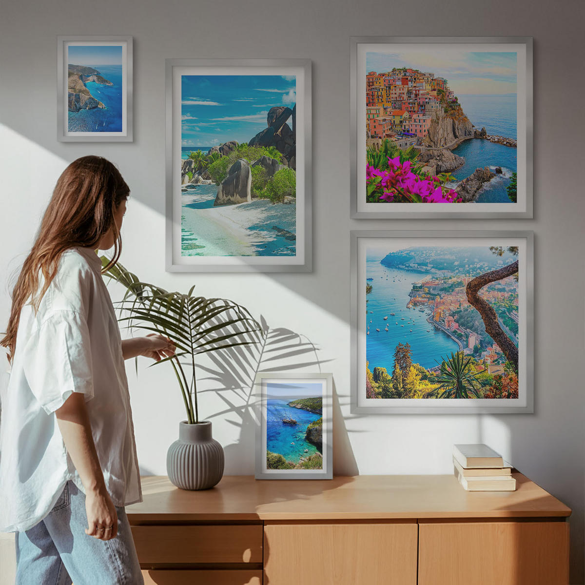 WANDBILDER 5er Set - 50x50 cm & 20x30 cm & 40x60 cm Silberner Rahmen - Winterwald-Blaublume - Silberfarben, Kunststoff (40/60cm) - ArtPrintCave
