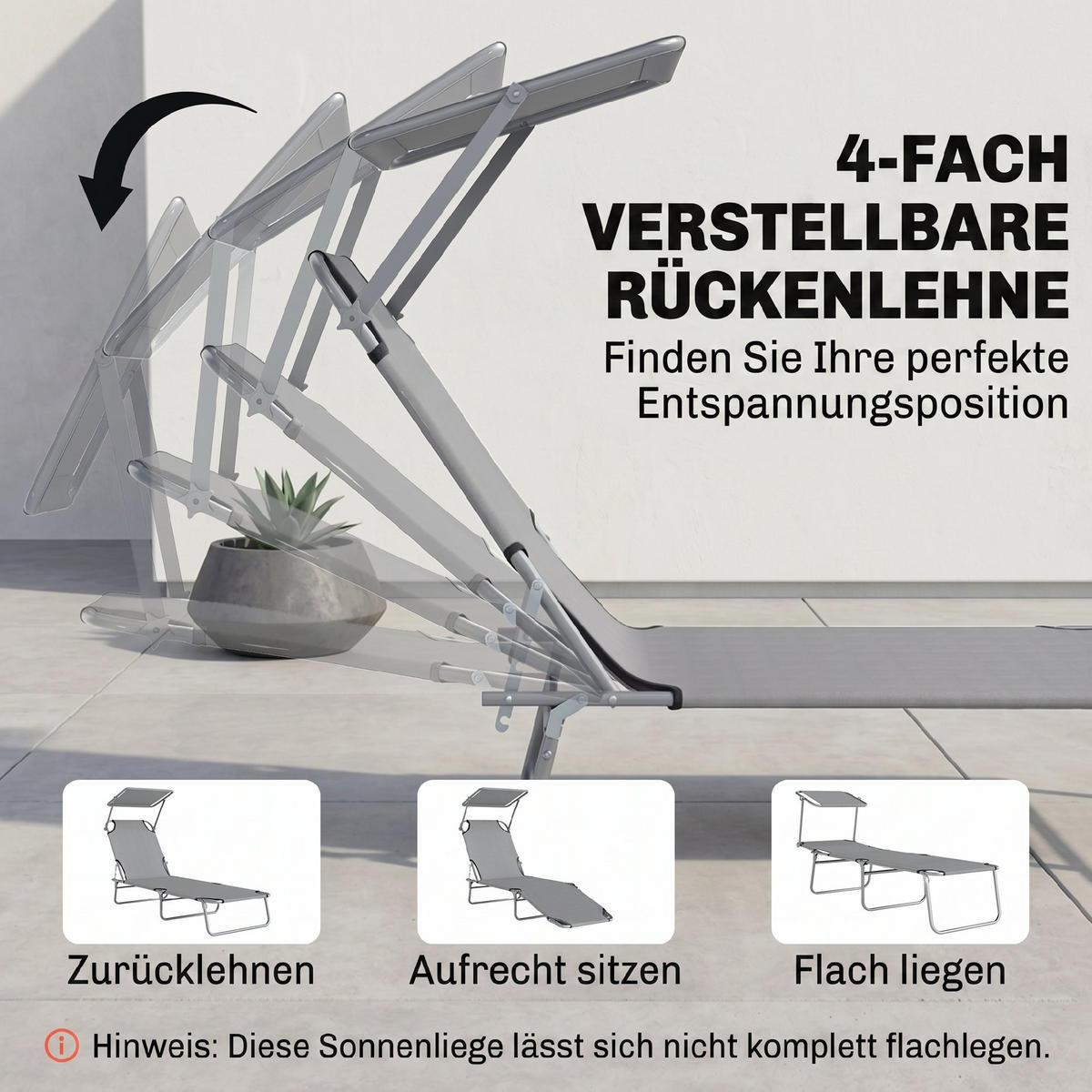 SONNENLIEGE, Gartenliege, Wellnessliege, Strandliege, klappbar, mit Sonnenschutz, 187 x 58 x 36 cm, Grau - Hellgrau, Metall (187/36/58cm)