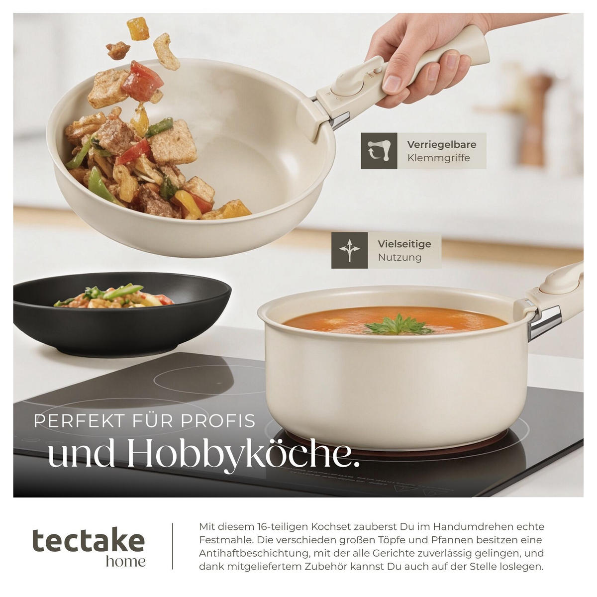KÜCHENSTARTERSET 46er Set Una/Genua, inklusive Küchenwerkzeugen, Topfschonern und anklemmbaren Griffen, schwarz/weiß - Schwarz/Weiß, Keramik - tectake