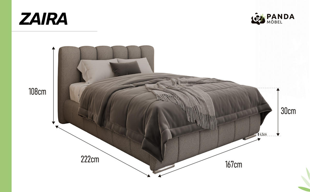 POLSTERBETT Zaira 140x200cm – Elegantes Polsterbett für modernen Wohnstil , Taschenfederkernmatratze Pocket (19cm), hellgrau - Hellgrau, Holz - Panda Möbel