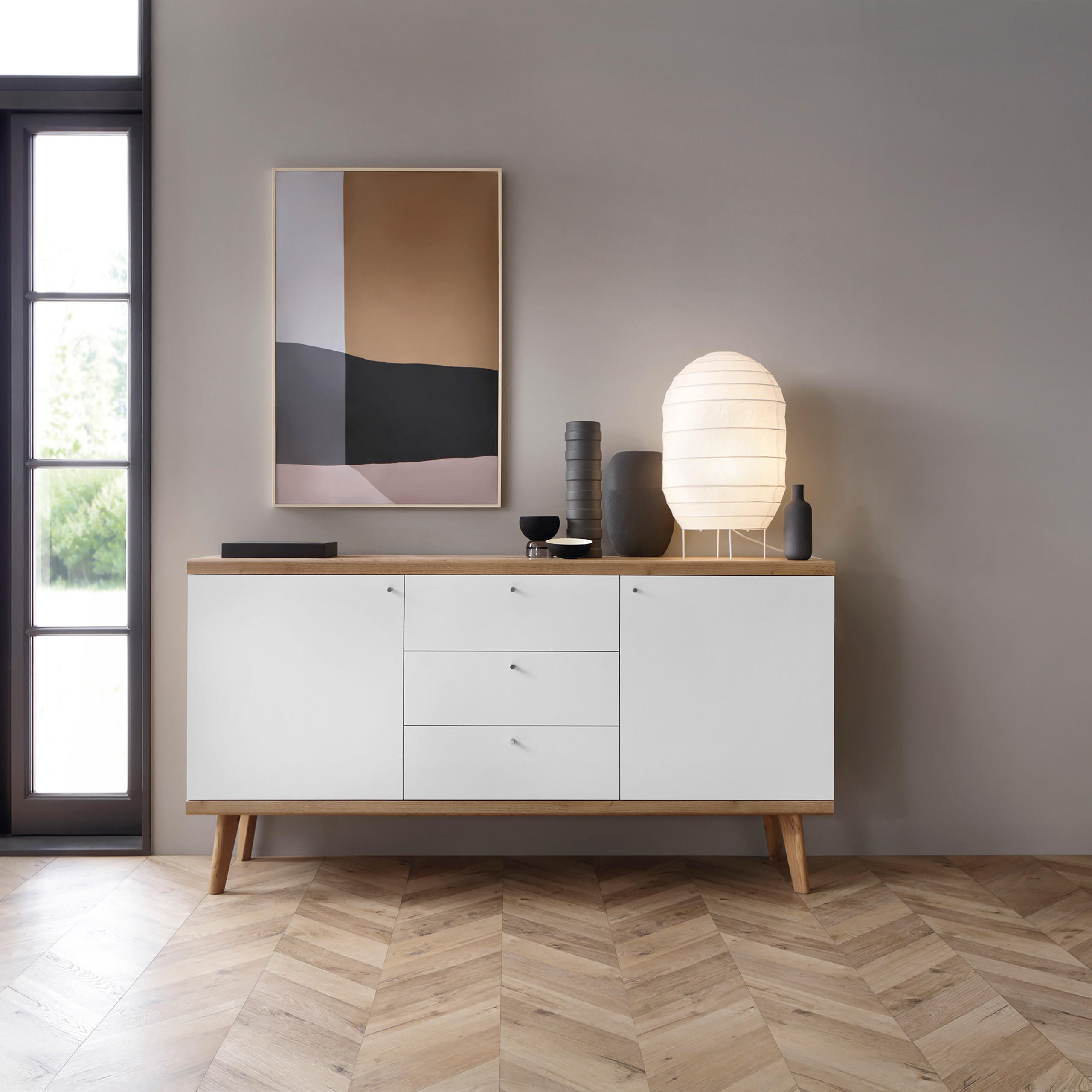 SIDEBOARD PRIMARIO 160/83/40 cm mit 3 Schubladen 2 Türen Eichefarben - Eichefarben/Weiß, Holzwerkstoff (160/83/40cm) - MASSENO