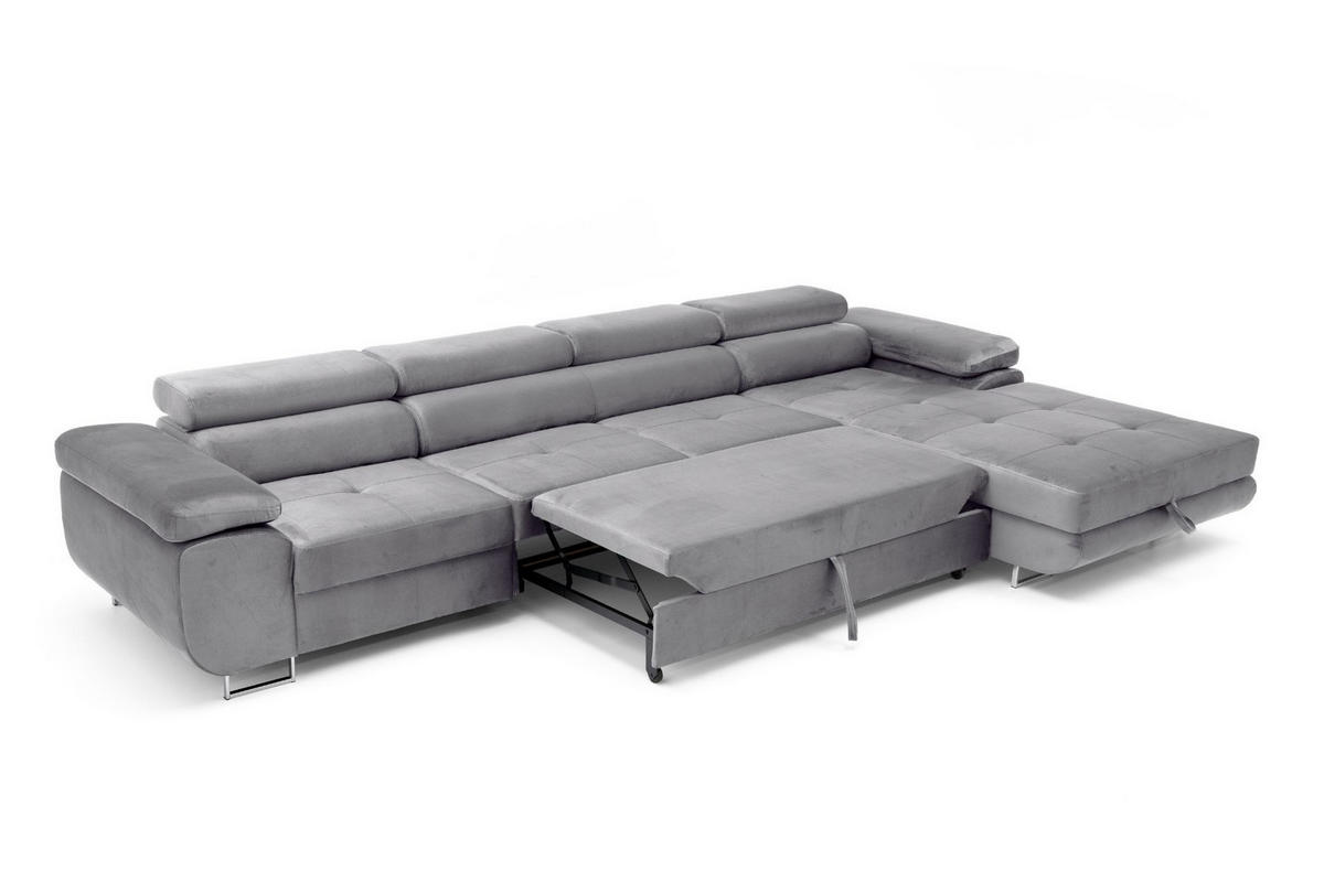 ECKSOFA ALONZO MAXI Rechts mit Schlaffunktion 125x195 Velours Grau - Silberfarben/Grau, Holz/Textil (203/350cm) - Muffo