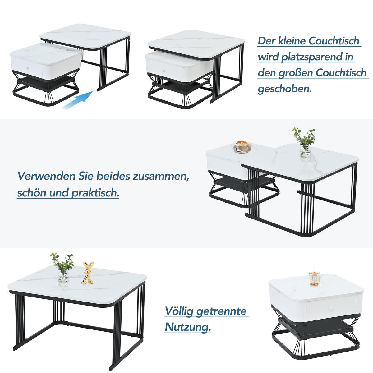 COUCHTISCH-SET 2-tlg Marmoroptik Hochglanz Schublade Weiß Schwarz - Weiß, Holzwerkstoff (70/70/45cm) - FLIEKS