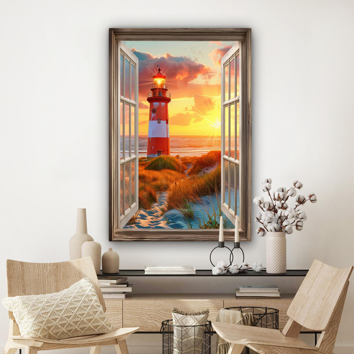 LEINWANDBILD Aussicht - Fenster - Leuchtturm - Sonnenuntergang - Strand 80x120 cm - Dunkelorange, Textil (80/120cm) - MuchoWow