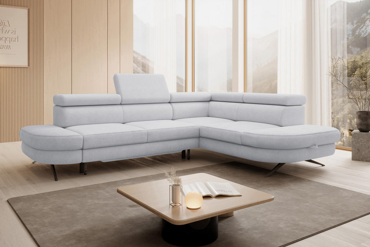 ECKSOFA OTIS L-förm, Schlaffunktion, verstellbare Kopfstützen, in AURORA-Stoff, lose Rückenkissen, freistehend, RECHTS 276x218x97 cm Stainless colour - Edelstahlfarben, Holz/Textil (276/218cm) - DomoHome