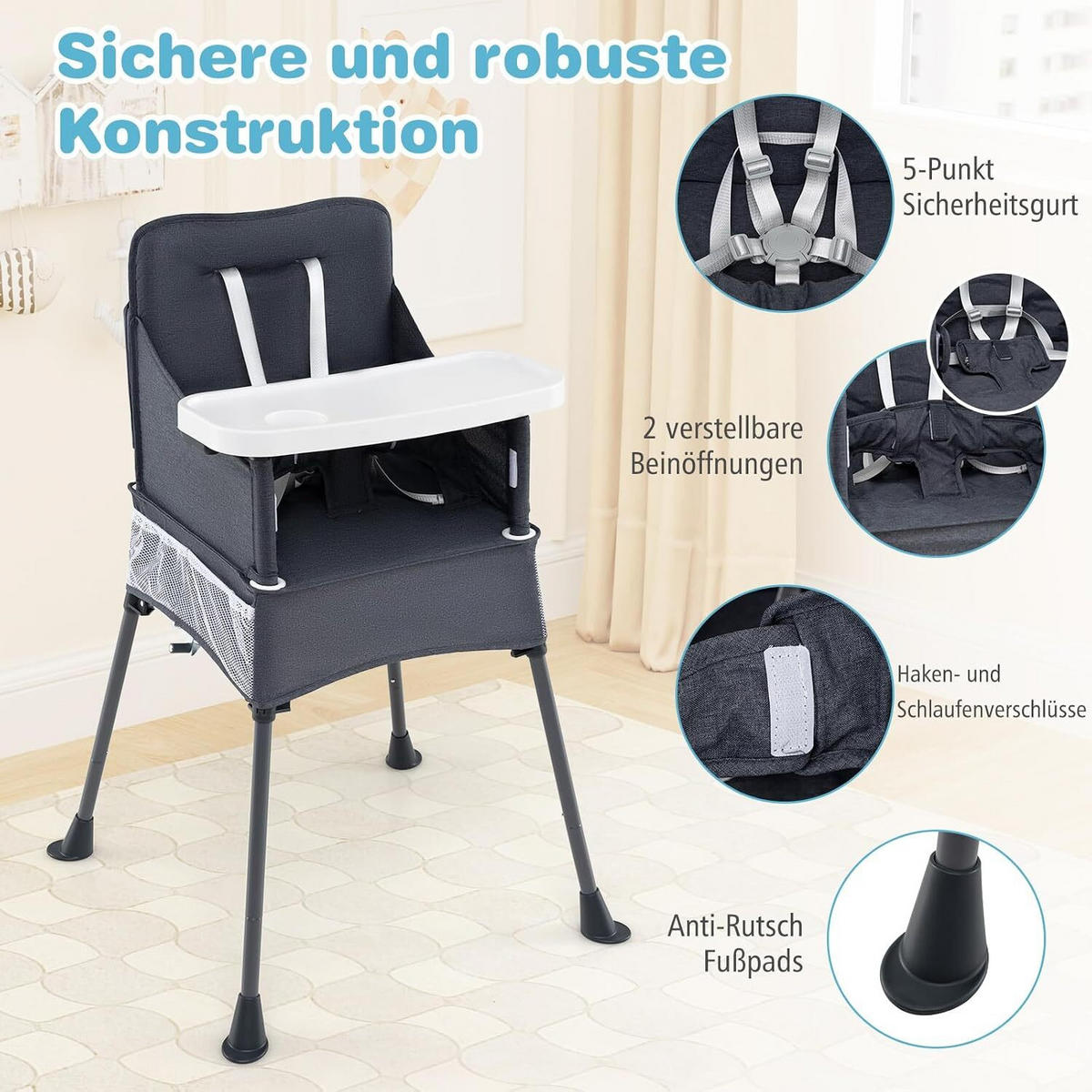 BABYHOCHSTUHL mit Tragetasche grau - Grau, Textil (58/96/57cm) - COSTWAY