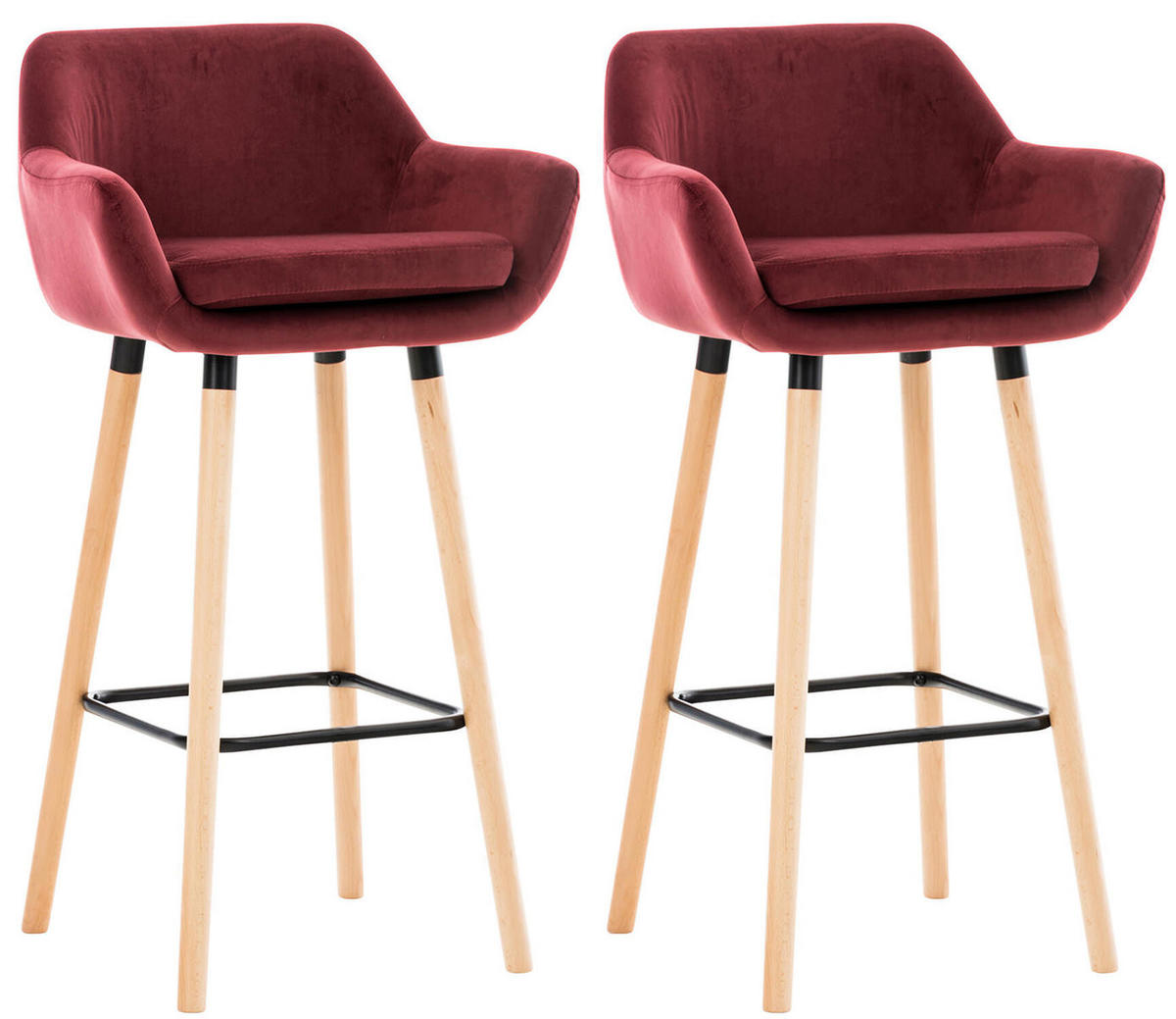 BARHOCKER Grande, 2er Set, Gestell Holz, Samt Rot - Rot/Braun, Holz/Textil (55/99/46cm) - TPFLiving